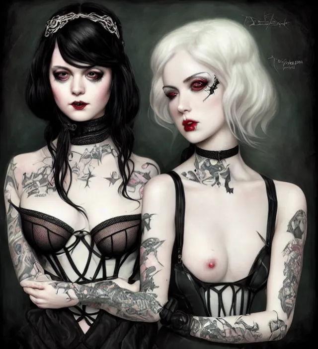 Image similar to two beautiful pale skin white eyed cosplay girls, black hair, fully tattooed body, fishnet corset with choker and whip on hand, symmetrical, beautiful detailed face, masterpiece, artstation contest winner, trending artgerm, paint by tom bagshaw