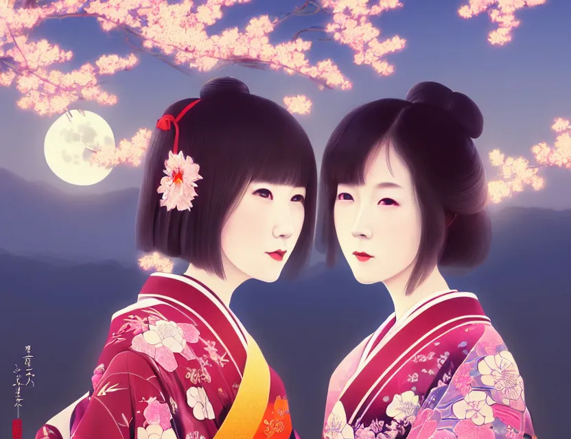 Image similar to two beautiful charming japan girls wear arty kimono in festival | | sunny night, full moon, dreamlike art, realistic shaded, smile, good looking, hyper details, 4 k realistic, cryengine, realistic shaded lighting poster by ilya kuvshinov, fuji choko, ross tran, 8 k resolution, trending on artstation, luxury