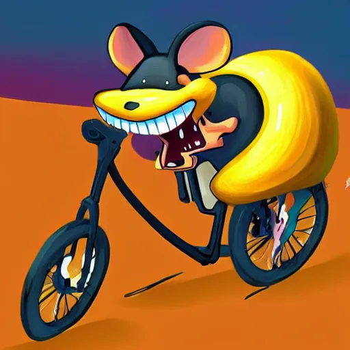 Image similar to digital painting of a cartoonish rat, it's riding a bike that is made of swiss cheese, bike looks like cheese greg rutowski, artstation