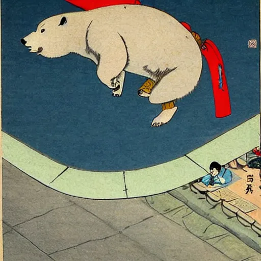 Image similar to a polar bear dressed as a shogun, jumping from the roof into a busy street in 18th century Japan, anime style