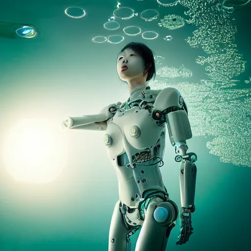 Image similar to beautiful centered fine art photo portrait of hoyeon jung as a solarpunk robotic humanoid treading above water, white mechanical parts with led lights, ultra - detailed and intricate, white background, sun lighting, soft focus, slow exposure hdr 8 k