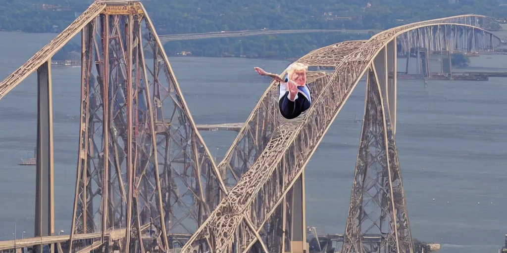 Prompt: Donald Trump falling off the tappan zee bridge with a look of panic on his face seen from below, detailed, photorealistic