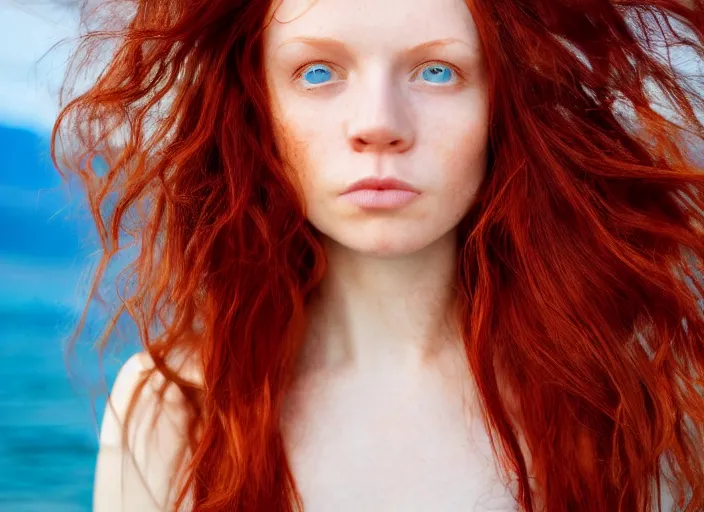 Image similar to close up portrait photograph of a thin young redhead woman with russian descent, sunbathed skin, with deep blue eyes. Wavy long maroon colored hair. she looks directly at the camera. Slightly open mouth, face takes up half of the photo. a park visible in the background. 55mm nikon. Intricate. Very detailed 8k texture. Sharp. Cinematic post-processing. Award winning portrait photography. Sharp eyes.