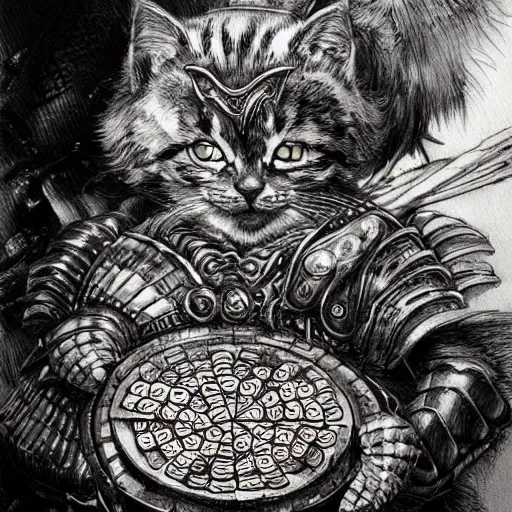 Image similar to Kitten with armor made of pizza, pen and ink, intricate line drawings, by Yoshitaka Amano, Ruan Jia, Kentaro Miura, Artgerm, detailed, trending on artstation, hd, masterpiece,