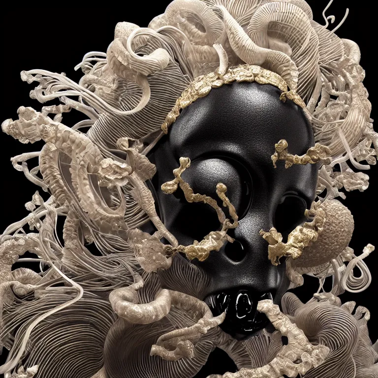 Image similar to black background. absolutely symmetrical sculpture. centered. goddess princess face close-up portrait ram skull. sculpture made of gold and black charcoal. jellyfish phoenix head, nautilus, orchid, skull, betta fish, bioluminiscent creatures, intricate artwork by Tooth Wu and wlop and beeple. octane render, trending on artstation, greg rutkowski very coherent symmetrical artwork. cinematic, hyper realism, high detail, octane render, 8k