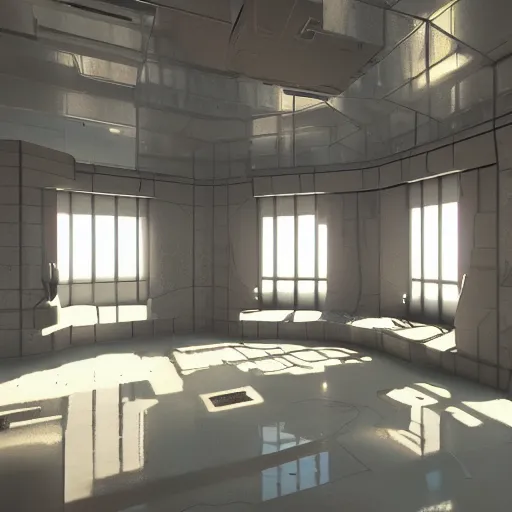 Image similar to Sci fi interior, unreal engine 5 tech demo, zillow interior, cool tint, metallic reflective, octane render, Frank Lloyd Wright ((Studio Ghibli))