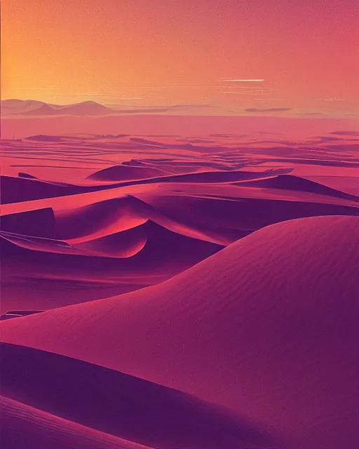 Image similar to sand dunes disappearing into the horizon in a vast desert at sunset on the planet arrakis, view from very far away, futurism, dan mumford, victo ngai, kilian eng