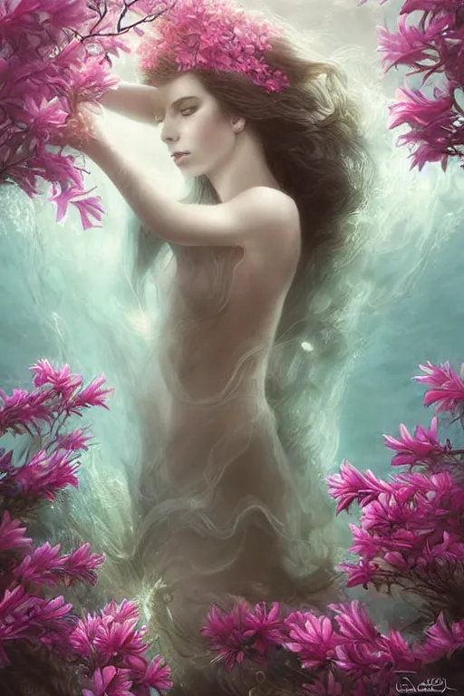 Prompt: a goddess of azaleas!! standing in a windy underwater garden! with a beautiful symmetrical face!!! cinematic lightning, murky dusty deep, smoky eyes, isolated, studio lighting by artgerm and tom bagshaw