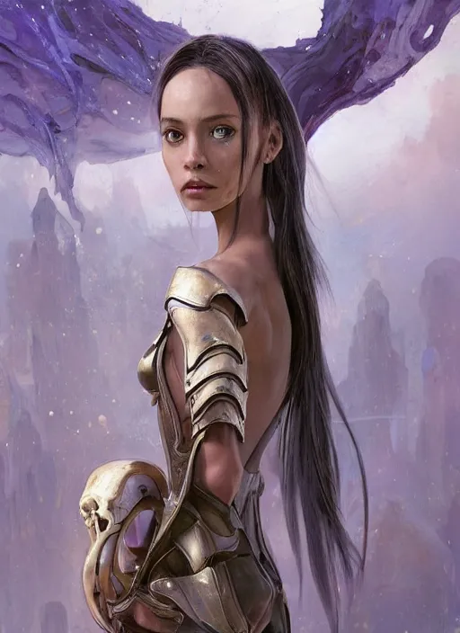 Image similar to a professional painting of a beautiful young female alien, clothed in ethereal armor, olive skin, long dark hair, beautiful bone structure, symmetrical facial features, intricate, elegant, digital painting, concept art, smooth, sharp focus, illustration, from Valerian and the City of a Thousand Planets, by Ruan Jia and Mandy Jurgens and Artgerm and William-Adolphe Bouguerea