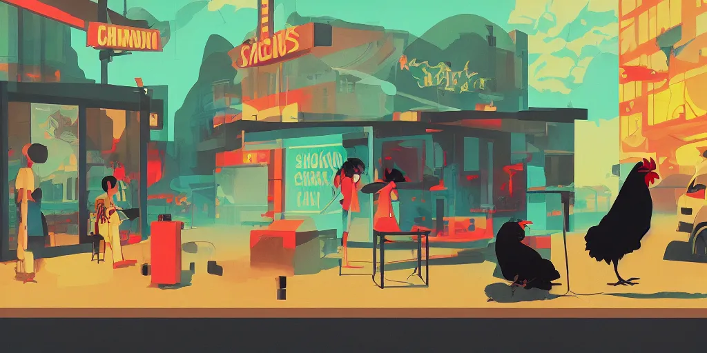 Image similar to black! chicken! smoking cannabis!!!, in front of multi monitors broadcasting studio, artwork by James Gilleard