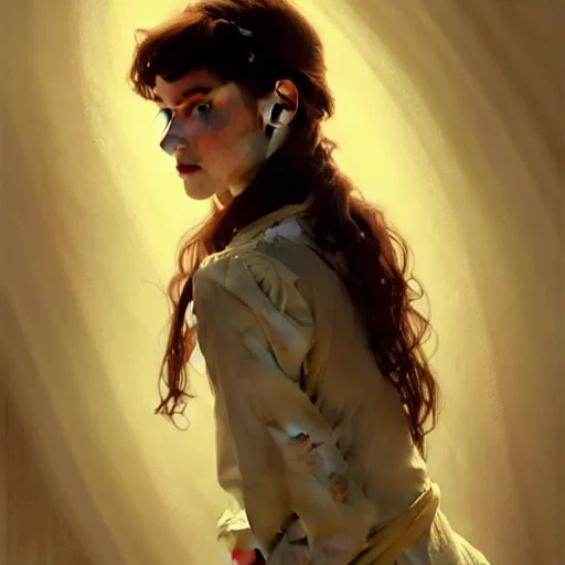 Image similar to portrait of a welsh teenage girl with brown hair, glowing skin, delicate features, amelie poulain, fantasy, intricate, elegant, dress shirt, highly detailed, digital painting, artstation, concept art, smooth, sharp focus, illustration, art by Krenz Cushart and Artem Demura and alphonse mucha