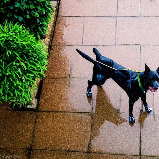 Image similar to dog underneath an umbrella in the rain, view from above stylised