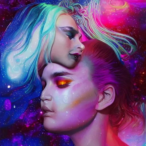 Prompt: a galaxy pink purple and blue colored psychedelic chakra awakening kundalini ethereal portrait of kim petras with her eyes closed transcending to a higher plane of existence, eternal blessing, multiverse, by android jones, by ben ridgeway, visionary art, by artgerm, featured on artstation, cgsociety, by greg rutkowski