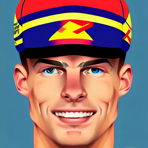 Image similar to a cartoon portrait of max verstappen, formula 1 world champion, high details, 4 k, digital art