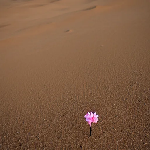 Image similar to a single small pretty desert flower blooms in the middle of a bleak arid empty desert and a large topaz sticks halfway out of the sand, sand dunes, clear sky, low angle, dramatic, cinematic, tranquil, alive, life.