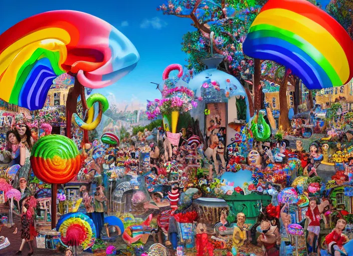 Image similar to where's waldo, lollipops and rainbows, lowbrow, matte painting, 3 - d highly detailed, in the style of camille rose garcia