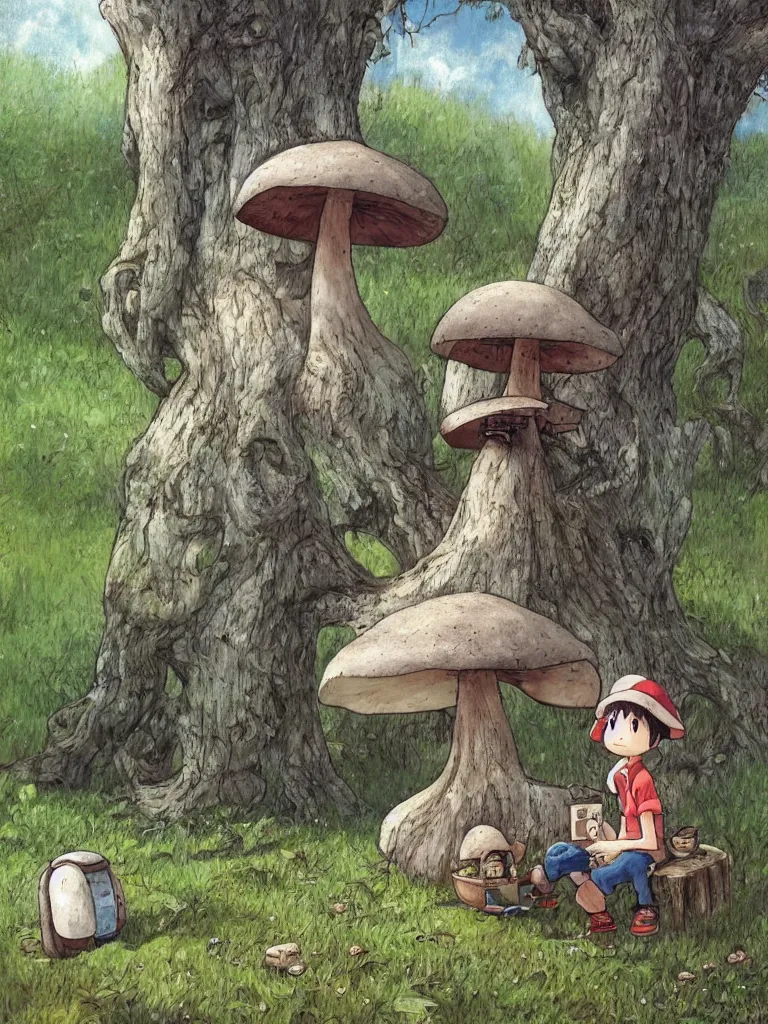 Image similar to hyper-realistic portrait painting of a rustic robot sitting under a tree, mushroom, in the style of Studio Ghibli, by Hayao Miyazaki, high quality, detailed, 8k, amazing, single robot