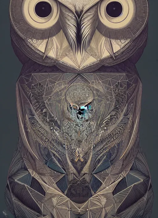 Image similar to portrait of a geometric owl, identical eyes, medium shot, illustration, full body made of white feathers, symmetrical, art stand, super detailed, cinematic lighting, and its detailed and intricate, gorgeous, by peter mohrbacher