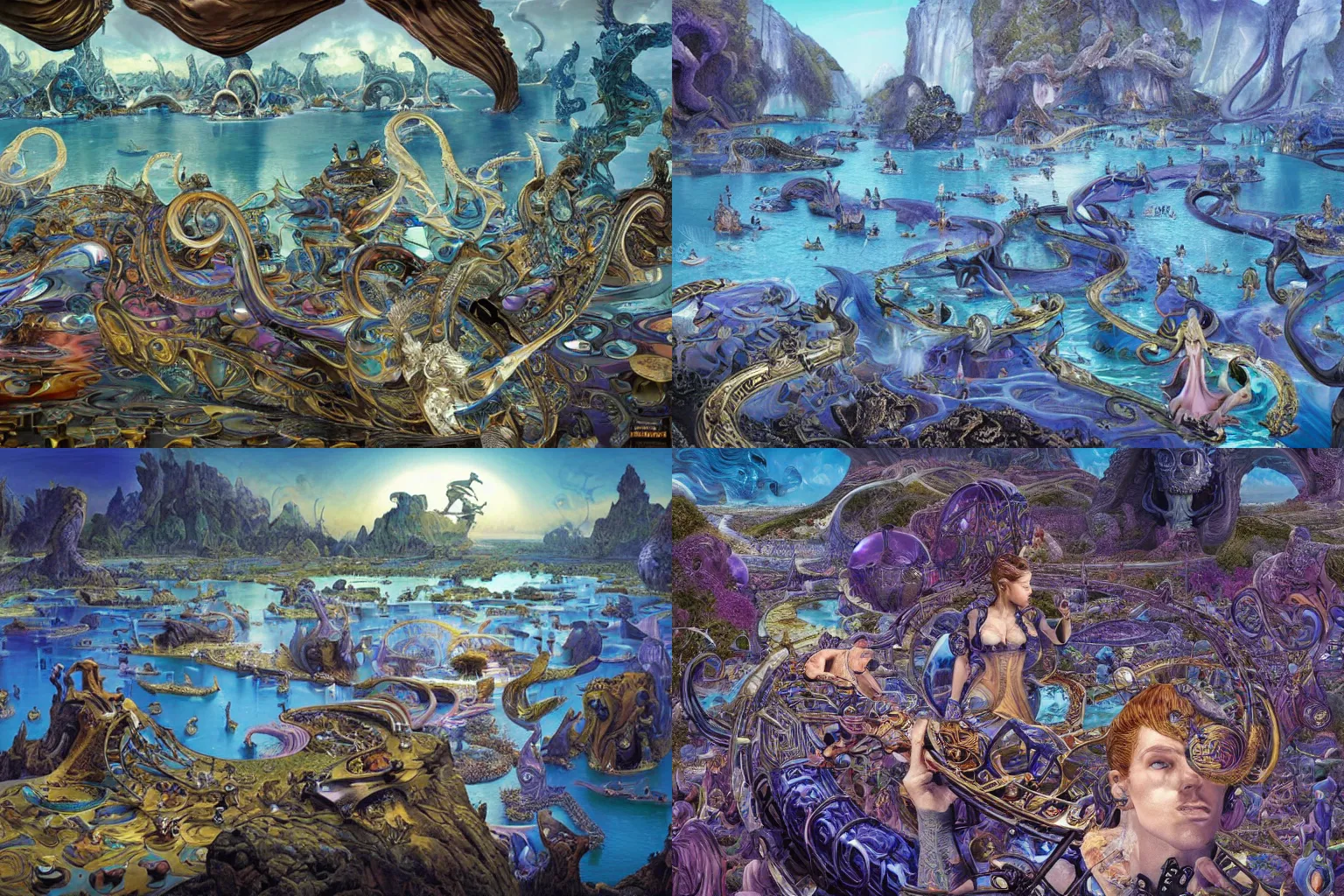 Prompt: a baroque universe The End of Agility, Formicapunk by Alex Grey and Stephan Martiniere, fantasy world, blue lagoon