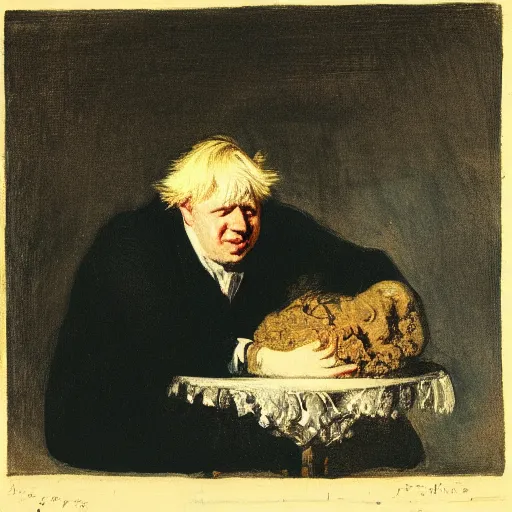 Image similar to portrait of boris johnson by goya in style of saturn devouring his son