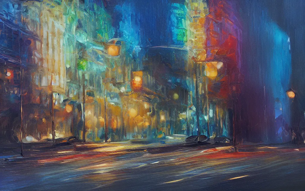 Prompt: movie still from morn to midnight, award winning oil painting, iridescent color palette