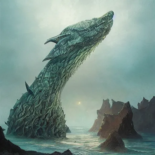 Image similar to “a marine preserve for Icelandic sea monsters, fins sticking out of water, Magic the Gathering, D&D, fantasy, intricate, cinematic lighting, highly detailed, digital painting, artstation, concept art, smooth, sharp focus, illustration, art by Artgerm and Greg Rutkowski and Alphonse Mucha”