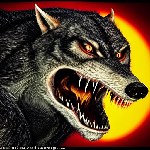 Image similar to a portrait of a scary snarling werewolf with sharp fangs and claws that is howling at the moon, highly detailed, digital photo, hdri, by christopher bretz and john carpenter, vivid colors, high contrast, 8 k resolution, intricate, photorealistic, smooth, psychedelic color scheme, concept art, award winning, cg society contest winner