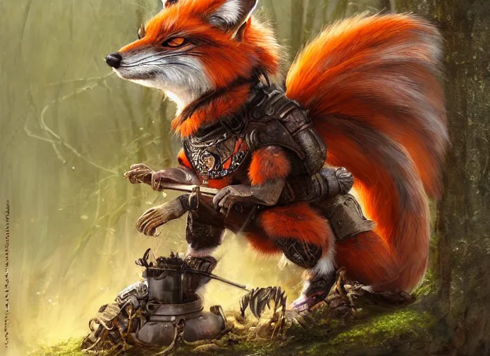 Image similar to ashigaru steampunk - inspired feathered anthropomorphic fox, colorful plumage, lacquered armor, cute but determined, hard focus, art station, by jessica rossier and brian froud, cinematic fantasy painting, orange grey white, in a woodland glade