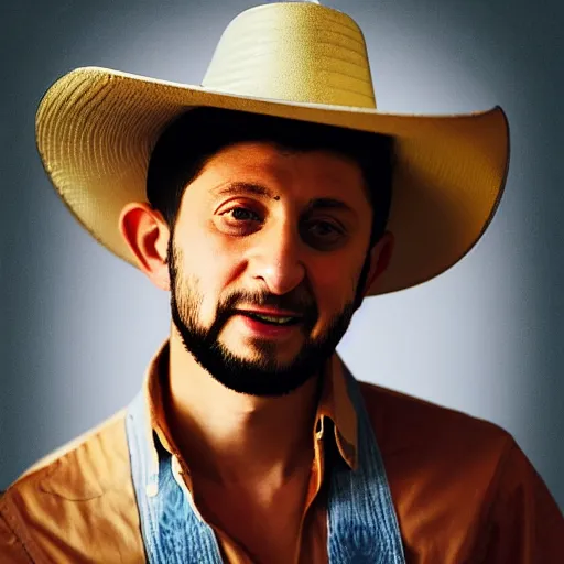 Prompt: 'Volodymyr Zelenskyy in a cowboy hat'