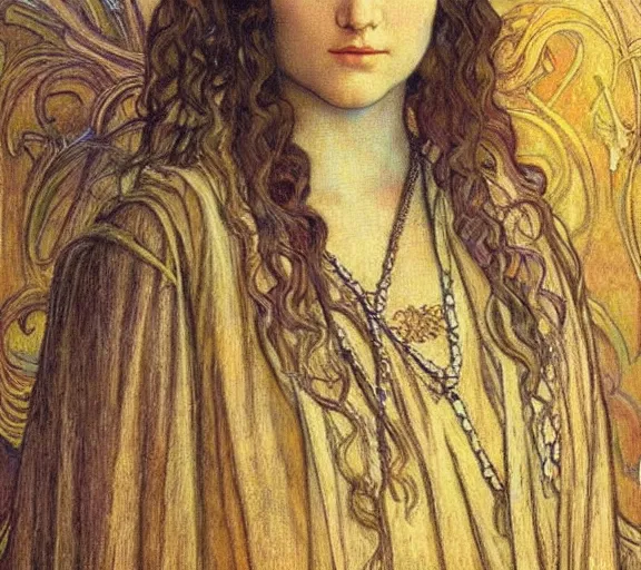 Image similar to detailed realistic beautiful young medieval queen face portrait by jean delville, alphonse mucha, vincent van gogh, and marco mazzoni, art nouveau, symbolist, visionary, gothic, pre - raphaelite