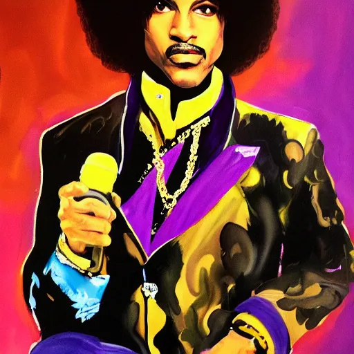 Image similar to a messy painting of Prince as a 70s pimp. Trending on ArtStation