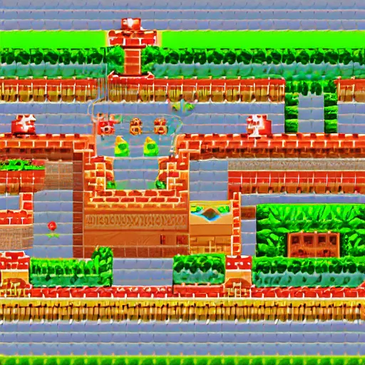 Image similar to an isometric view of the first level in super mario brothers