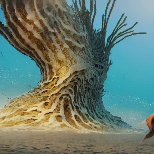 Prompt: stunning cinematic wide shot of a sea of fulgurites surrounding a beautiful slick sea creature, on a beach. fulgurites towering over the creature, well designed perfect with slick led eyes, wearing kelp, sharp claws, hd octane render, fantasy, furry art, artstation, deviantart, furaffinity