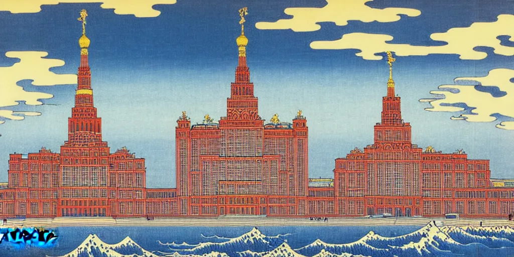 Image similar to moscow state university main building by katsushika hokusai