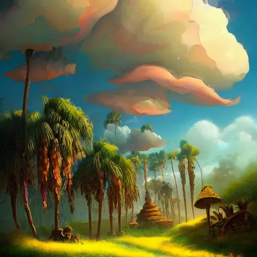 Prompt: a concept painting in the style of esao andrews of a village with beautiful dramatic clouds, dappled lighting, lush landscaping, date palm trees, shrubs and flowers. esao andrews, trending on artstation