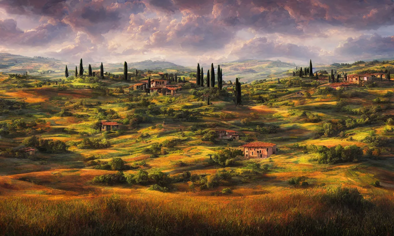 Image similar to Tuscan Countryside painted by Paolo Anesi, vivid colors, high details, cinematic, 8k resolution, beautiful detailed, photorealistic, digital painting, dark atmosphere, artstation, concept art, smooth, sharp focus, illustration, fantasy background, artstation trending, octane render, unreal engine