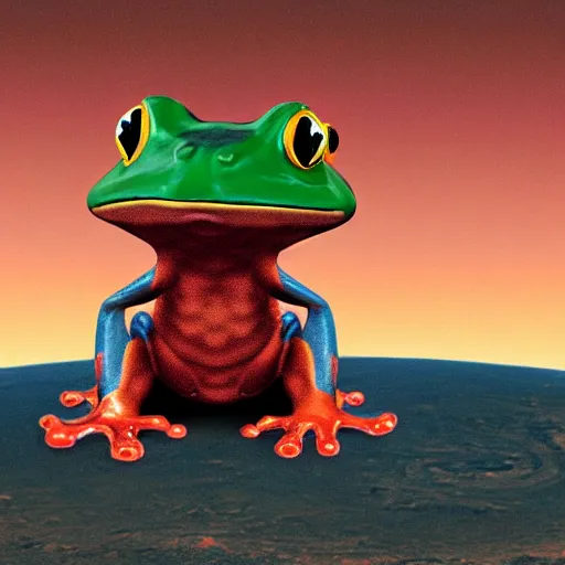 Prompt: frog on mars hanging out with cats,