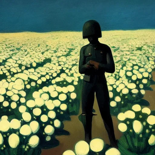 Image similar to black futuristic soldier on a land of white flowers by Edward Hopper