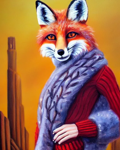 Image similar to oil painting portrait of anthropomorphic female fox animal dressed in sweater and scarf, fox animal, movie studio in background, location movie studio, oil painting,