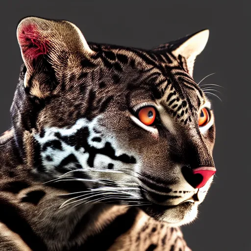 Image similar to profile shot of a black and red ocelot with black background, strong bokeh, dramatic, cinematic, high contrast, octane render, 4k