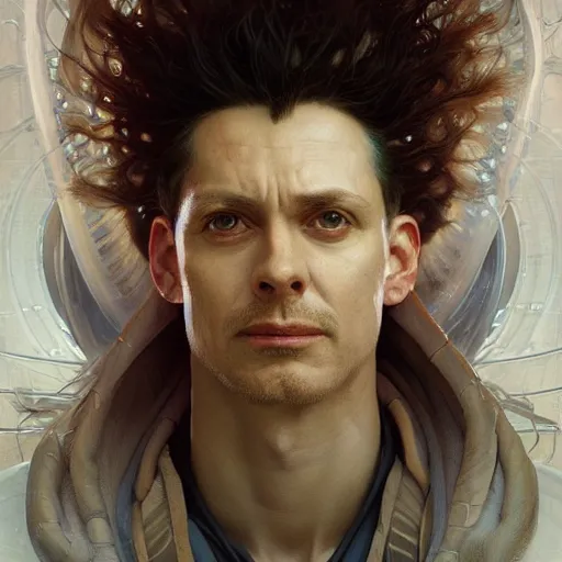 Image similar to portrait of a mad scientist god, advanced technology, futuristic, science fiction, intricate, headshot, highly detailed, digital painting, artstation, concept art, sharp focus, cinematic lighting, illustration, art by artgerm and greg rutkowski, alphonse mucha, cgsociety