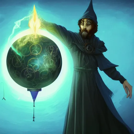 Image similar to a warlock is casting a magic spell, while magic orb is floating in his hand, the magic orb emit a blueish vapour, dynamic pose, chromatic aberration , medium level shot, Mucha style , Grim fantasy, illustration ,concept art,