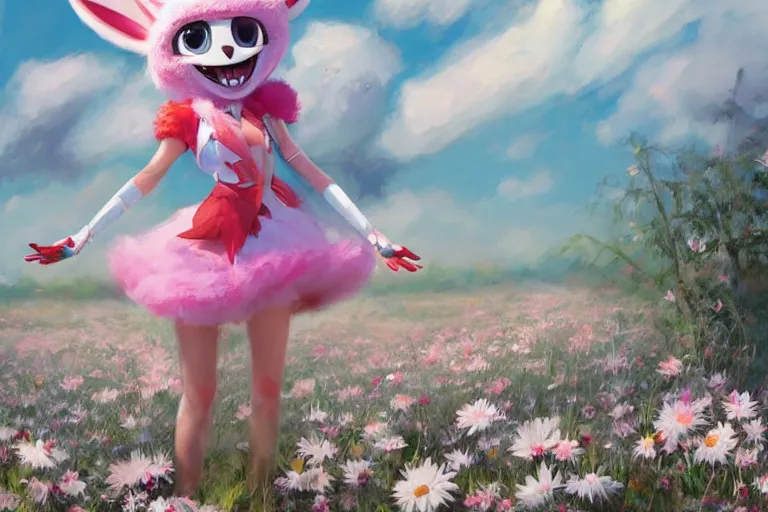 Image similar to anthropomorphic lurantis girl in an ice floe standing in a field of daisies wearing converse shoes and a davey crockett hat, digital illustration by ruan jia on artstation