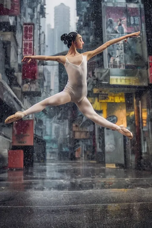 Image similar to a dynamic photograph of a ballet dancer in a wet, dystopic Hong Kong bladerunner street. Realism.