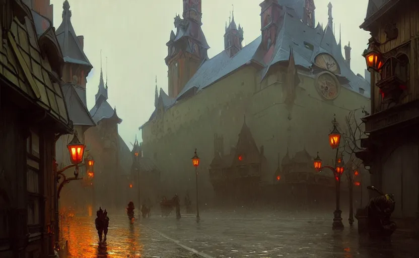 Image similar to an old medieval city with rainy atmosphere and moody and cinematic lighting by alphonse mucha, simon stalenhag and darek zabrocki, cinematic and atmospheric, concept art, artstation, trending on artstation