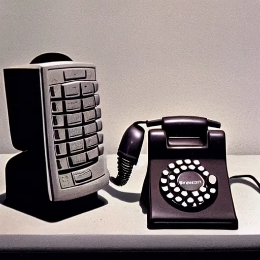 Image similar to a telephone has learned how to use itself and call other telephones, 1 9 7 8, high detail, depth, eerie, stanley kubrick movie still