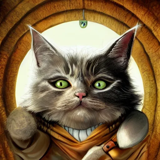 Image similar to if cats were loud if the rings characters, lotr, cats, cats dressed in lotr costumes, hobbits, gandalf, elves, dwarves, 4 k, hyper realistic, artstation