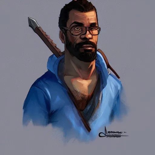 Prompt: man with blue shirt, brown skin, beard, and a blue pickaxe in grand theft auto art style, dnd character art portrait, matte fantasy painting, deviantart artstation, by jason felix by steve argyle by tyler jacobson by peter mohrbacher, cinema c 9. 0