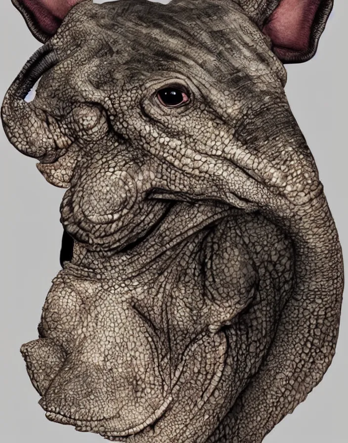 Prompt: portrait of muscular animal human merged head skin ears, large dark background, scales skin dog, cat merged elephant head cow, chicken face morphed fish head, gills, horse head animal merge, morphing dog head, animal eyes, merging crocodile head, anthropomorphic creature