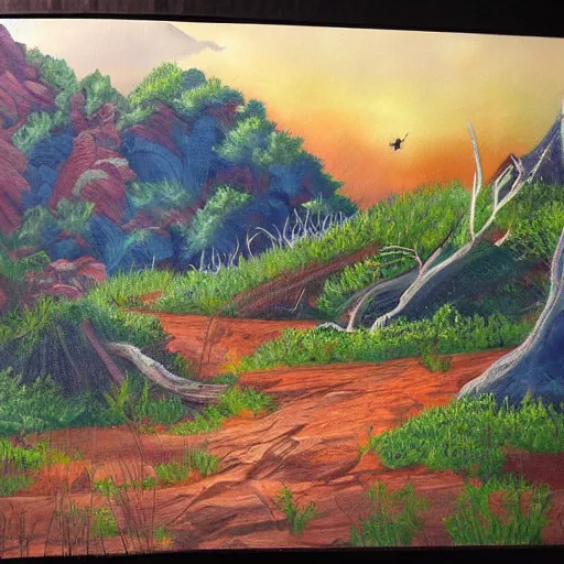 Image similar to painting of a lush natural scene on an alien planet by april m. rimpo. beautiful landscape. weird vegetation. cliffs and water.